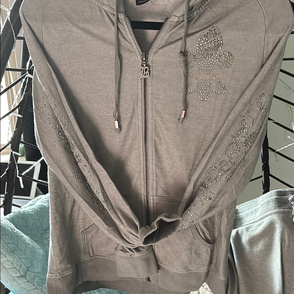BCBG Gray Zip-Up Hoodie with Hood and Zippered Style